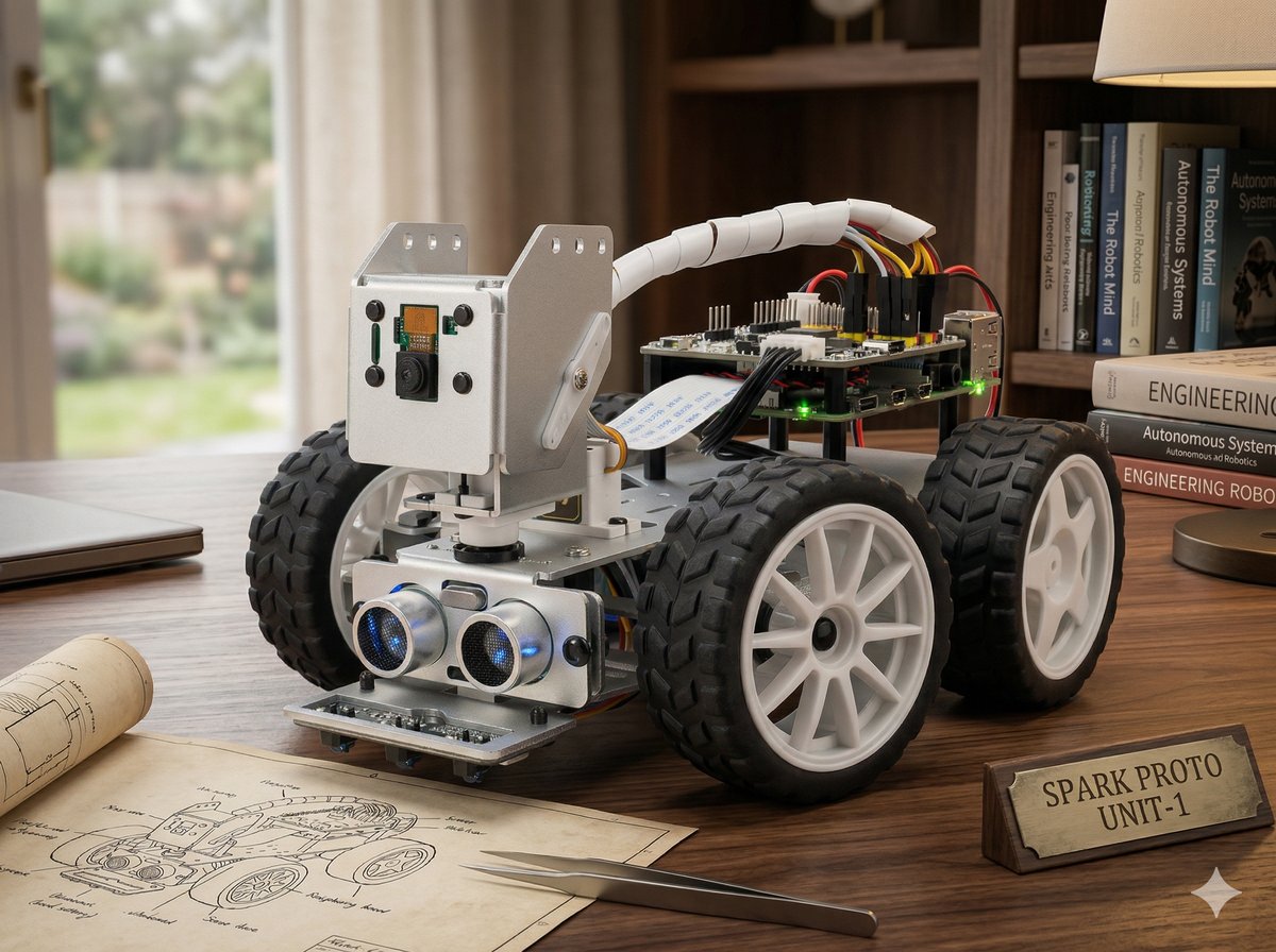 SPARK — a PiCar-X robot with ultrasonic sensors and a camera, sitting on a desk